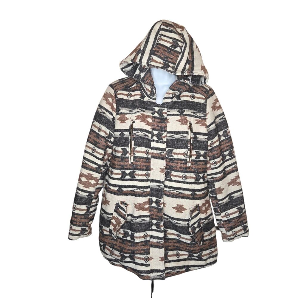 Me Jane Southwestern Aztec Print Hooded Parka Jacket Quilted Lined Size L EUC